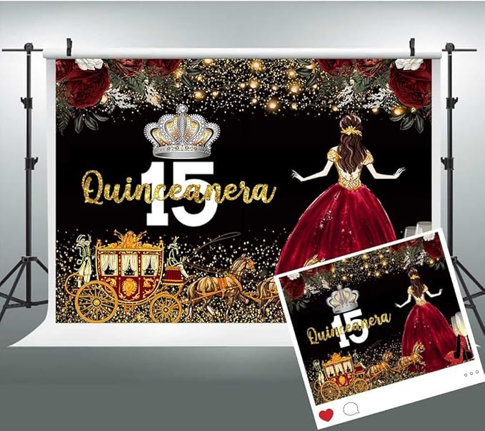 Red Dress Rose Flower Backdrops, 7x5ft, Quinceanera Birthday Backdrop, Girl Princess Happy 15th Bday Carriage Photography Props Cake Table Banner BJLSLU301