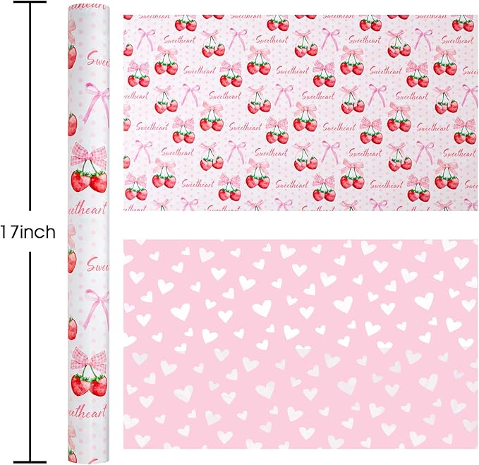 HOMERAL Pink Strawberry Wrapping Paper Roll - 17In x 32.8Ft Reversible Gift Wrap, Strawberry with Cherry-Stem and Bowknot for Girls Birthday, Wedding, Valentine’s Day, Baby Shower, Bridal Shower, Holiday, DIY Crafts