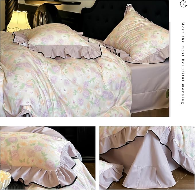 HighBuy Ruffle Duvet Cover Full Size,Farmhouse Purple Floral Brushed Cotton Durable Bedding Comforter Cover with 2 Ruffle Lace Pillowcases,Chic Cottagecore Natural French Style,Full