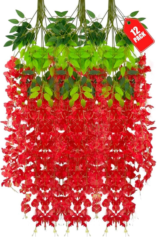 12 Pack Red Wisteria Hanging Flowers, 3.44 Ft Fake Hanging Flowers, Artificial Wisteria Garland Vines for Wedding Room Backdrop Outdoor Patio Garden Decoration
