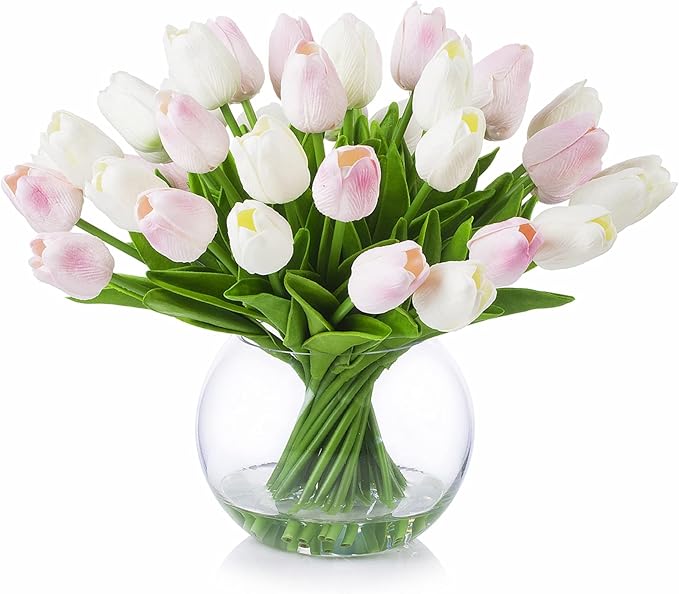 ENOVA FLORAL 30 Pieces Artificial Real Touch Tulips Flowers with Vase, Fake White Pink Tulips Flowers with Vase for Dining Table, Home Decoration, Wedding Centerpieces