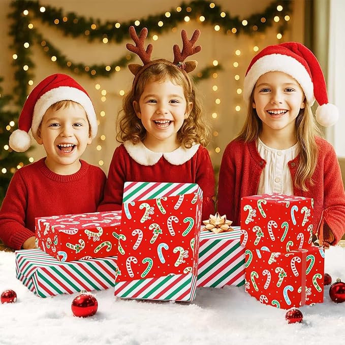 WERNNSAI Candy Cane Christmas Wrapping Paper - 1 Roll 17”x 33 ft Red Christmas Wrapping Paper for Kids Reversible Candy Cane and Stripe Gift Wrap for Xmas Holiday Winter Party Celebration