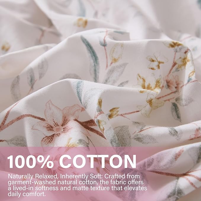 Duvet Cover Set King Size 3-PC Chic Garden Floral Ultra Soft 100% Long Staple Cotton Comforter Cover, Reversible Breathable Duvet Cover with Zipper Closure, Lightweight, All Season