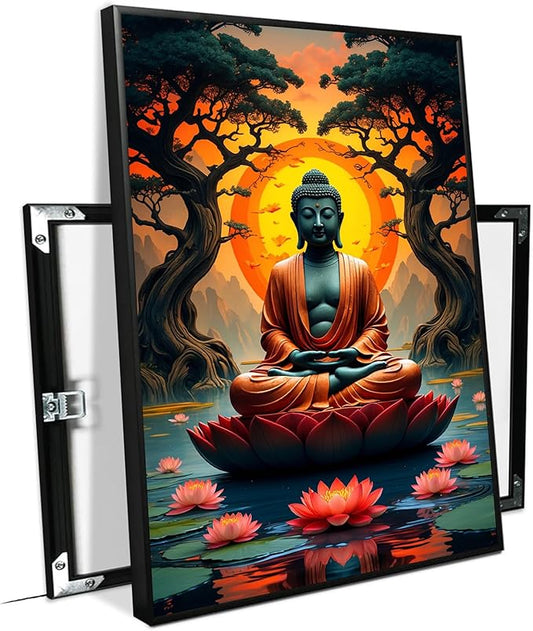Canvas wall art Golden Buddha on lotus at sunset Ancient trees with reflections on water Serene meditation scene Uplifting wall art for mindfulness and tranquil home decor 8x12in Metal blackFramed