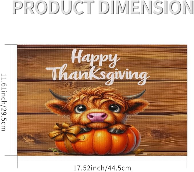 Thanksgiving Pumpkin Highland Cow Placemats Set of 6 PVC Vinyl Non Slip Table Mats Heat Resistant Place Mats Washable Wipeable Dining Table Mat for Kitchen Decor Party Indoor Outdoor Decorative Gift