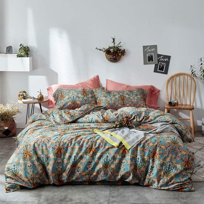 VM VOUGEMARKET Green Gold Duvet Cover Queen,Medallion Paisley Print Bedding Set 400 Thread Count Percale Cotton Vibrant Bohemian Pattern Quit Cover with Zipper Closure