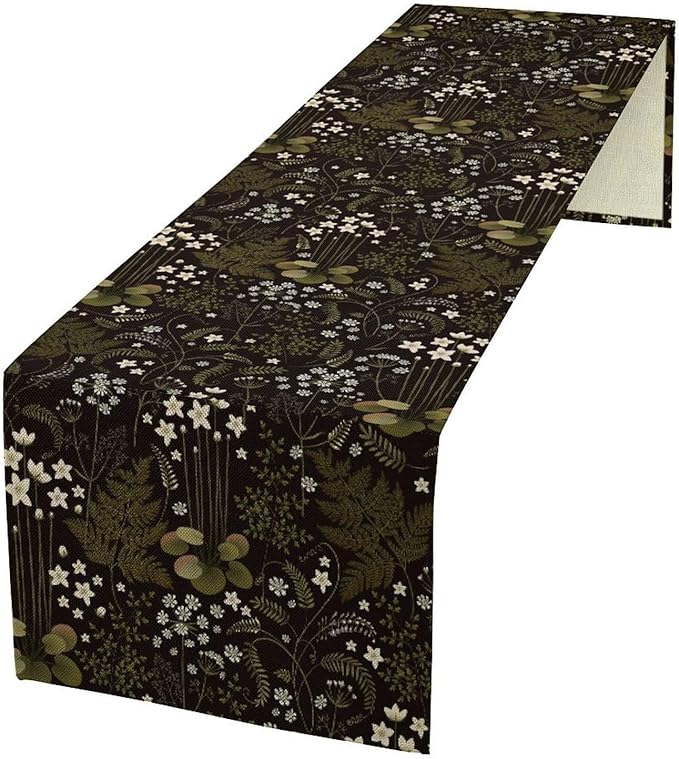 Forest Plant Table Runner, Rustic Field Wild Flower Herbal Fern Vintage Farmhouse Natural Floral Table Runner for Home Party Decor, 13x108inch