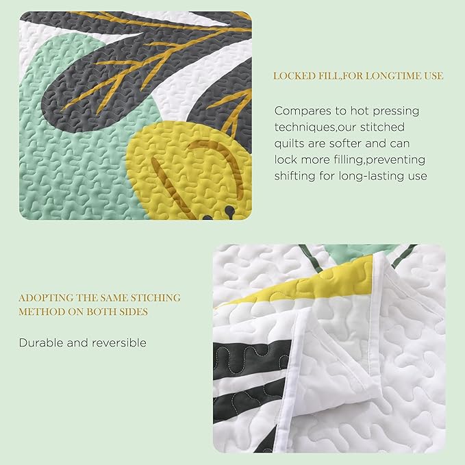 Andency Floral Boho Quilt King Size Bedding Set Green, 3 Pieces Farmhouse Flower Botanical Summer Bedspreads with 2 Shams, Soft Reversible Lightweight Microfiber Coverlet Set for All Season, 106"x96"