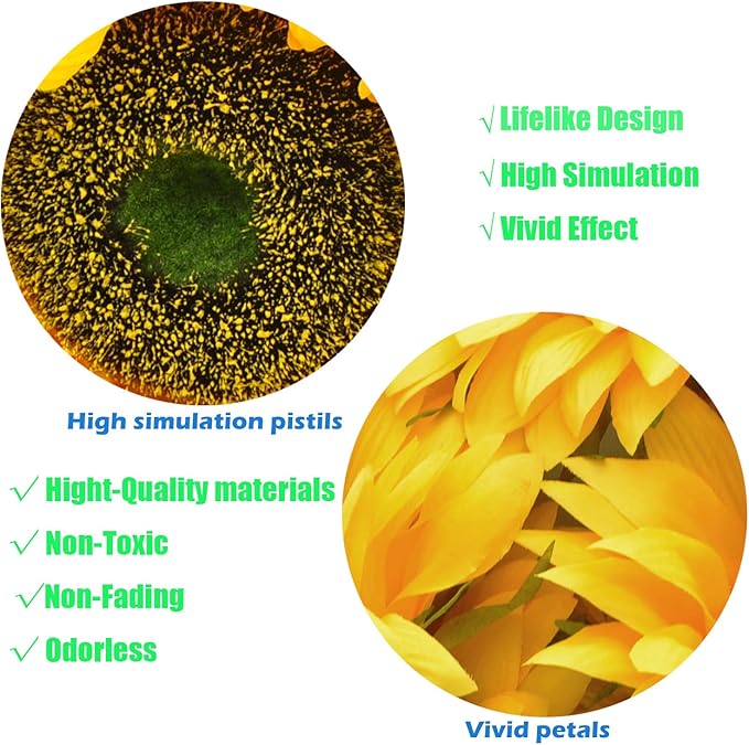 Artificial Flower 6pcs 10''W Big Size Silk Sunflower Heads Real Looking Fake Sunflower for Hat Trim Cake Flower Home Décor Flower Wall Wreath Wedding Baby Shower Photography Props(Yellow)