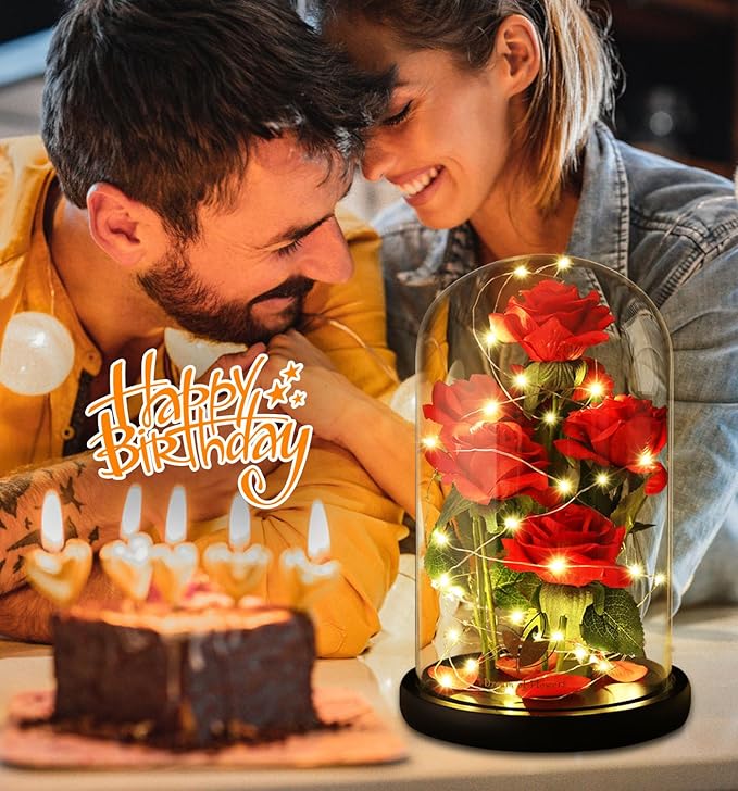 Christmas Rose Gifts for women,Beauty and The Beast Rose in Glass Dome with LED Light,Glass Rose Flower Gifts for Her,Christmas Birthday Gifts for Women Mom Wife Girlfriend Friend Forever Red Rose