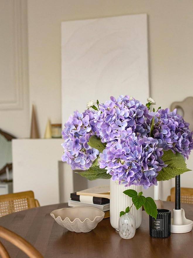 4 Pcs Purple Real Touch Hydrangeas Artifical Flowers 20'' Long Stem Flower for Home Decor Spring Table Centerpiece Party Kitchen Living Room Wedding Decor
