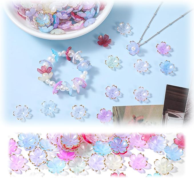Xindojuz 100 PCS Flower Beads for Jewelry Making, Colorful Cherry Blossom Beads Gold-Plated Mini Acrylic Spacer Bead 5-Petal Floral Charms for Necklaces Bracelets Earring Keychains (Mixcolors)