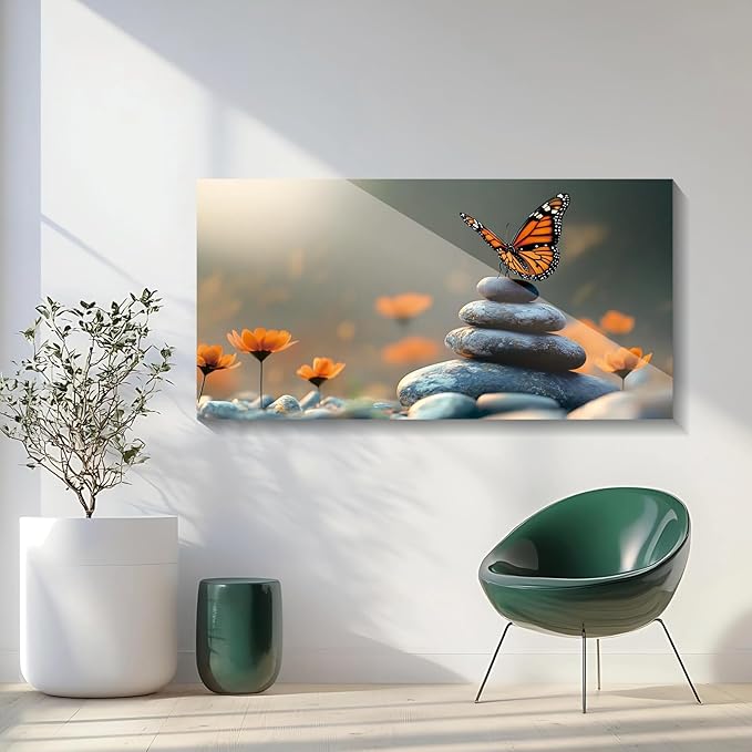 Iallbin Zen Stone Wall Art & Zen Wall Decor, Dark Smooth Rounded Stones Small Star-Shaped Golden-Yellow Flowers-for Yoga Meditation Room, Spa & Bathroom, Orange Monarch butterfly Art Deco Style, 48x24 Inches