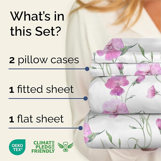 Floral Sheets - Pink Floral Bed Sheet Set - 1 Flat, 1 Fitted & 2 Pillowcases w/ Deep Pockets - Comfy, Wrinkle & Fade Free - Boho Botanical Bedding - Ultra-Soft, Breathable & Cooling - Queen Size Set