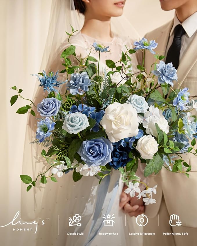 Ling's moment Dusty Blue Wedding Bouquets for Bride, Blue and White Bridal Bouquets for Bride,15 Inch Free Form Artificial Wedding Flower Bouquet