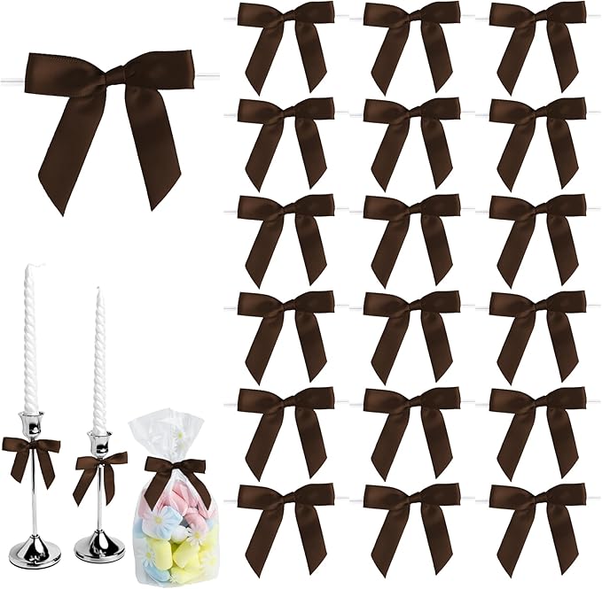 50 PCS Brown Twist Tie Bows 2.5" Satin Ribbon Bows Decor for Gift Wrapping Craft Treat Bags Cake Pop Basket, Wedding Baby Shower Birthday Party Favors