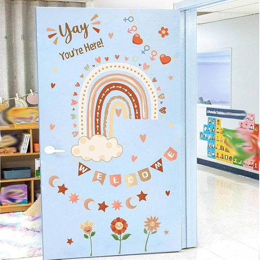Welcome Classroom Welcome Signs Decals Boho Rainbow Bulletin Board Vinyl Stickers Peel and Stick Kids Nursery Decals for Front Door Wall Decors Yay You're Here Decor for Daycare Toddler Teacher Supply