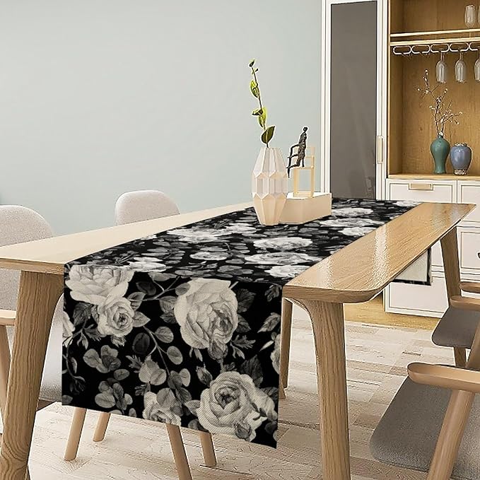 Vintage Black Flower Table Runner, Retro Roses Blossom Eucalyptus Plants Botanical Branches Dark Gothic Floral Table Runner for Home Party Indoor Outdoor Decor, 13x70inch