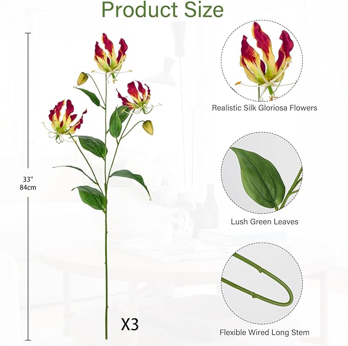 Briful Set of 3 Artificial Flowers Sprays Fake Gloriosa Superba Flowers, Fushia Faux Flame Lily Flowers Bouquets Floral Arrangement for Wedding Home Farmhouse Centerpieces Vase, Fall Decor