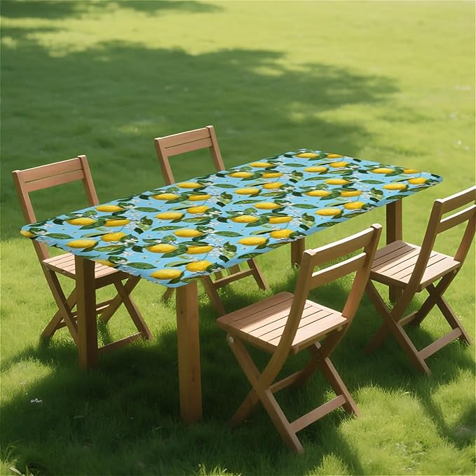 Rectangle Table Cloth Cover Waterproof Elastic Fitted Polyester Fitted Tablecloths for 8 Foot Tables for Indoor,Picnic, Camping, Outdoor （96" x 30"，Lemon）