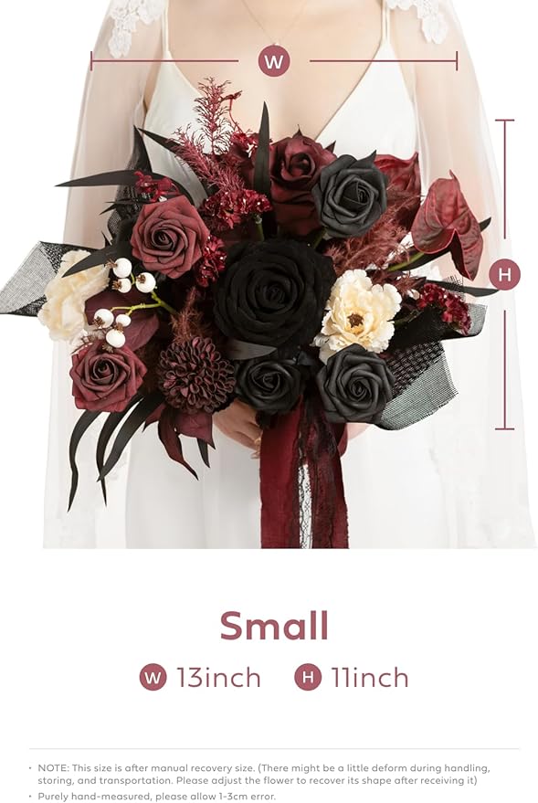 Ling's moment Black and Burgundy Wedding Bouquets for Bride, Gothic Bridal Bouquets for Bride, 13 Inch Free Form Artificial Wedding Flower Bouquet