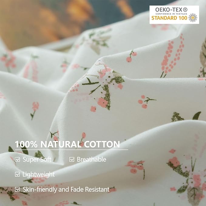 EAVD Girls Floral Duvet Cover Twin Pink White Soft Cotton Garden Aesthetic Floral Bedding Set with 2 Pillowcases Chic Shabby Vintage Botanical Comforter Cover with Zipper Closure