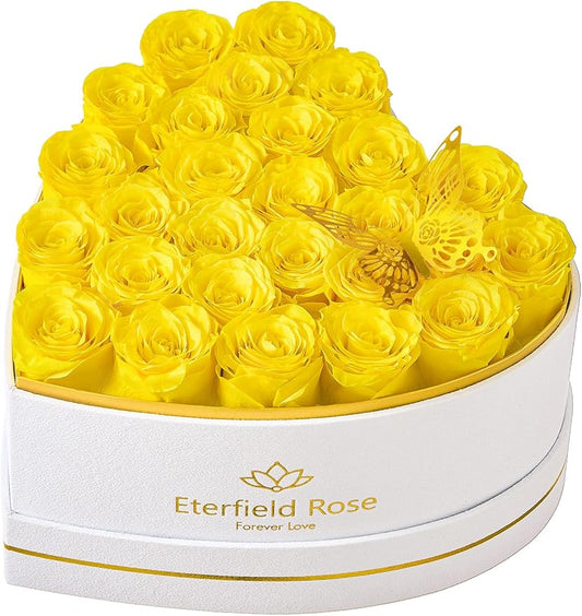 Eterfield 27 Forever Flowers in Heart Shape Box, Preserved Roses That Last a Year Preserved Flowers Birthday Gifts for Her Mom Women Wife Anniversary Valentines Day Mothers Day Christmas, Yellow