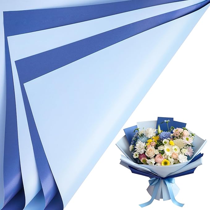 LeZakaa 20 Sheets Flower Wrapping Paper - Waterproof Reversible Floral Bouquet Paper - Sky Blue and Navy Blue Design for Father's Day, Graduation, Party, Holiday