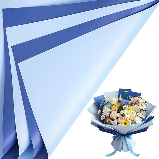 LeZakaa 20 Sheets Flower Wrapping Paper - Waterproof Reversible Floral Bouquet Paper - Sky Blue and Navy Blue Design for Father's Day, Graduation, Party, Holiday