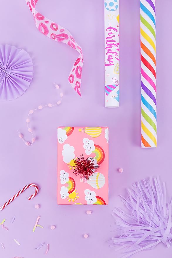 WRAPAHOLIC Birthday Wrapping Paper Sheet - 12 Sheets Rainbow Clouds and Birthday Celebratory Design Folded Flat for Party, Baby Showers - 19.7 Inch X 30 Inch Per Sheet