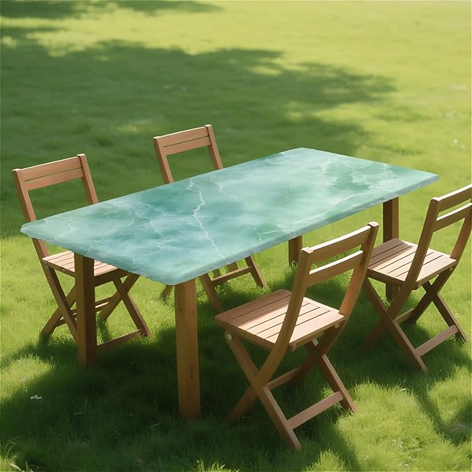 Rectangle Table Cloth Cover Waterproof Elastic Fitted Polyester Fitted Tablecloths for 6 Foot Tables for Indoor,Picnic, Camping, Outdoor （60" x 30"，Green Marble）