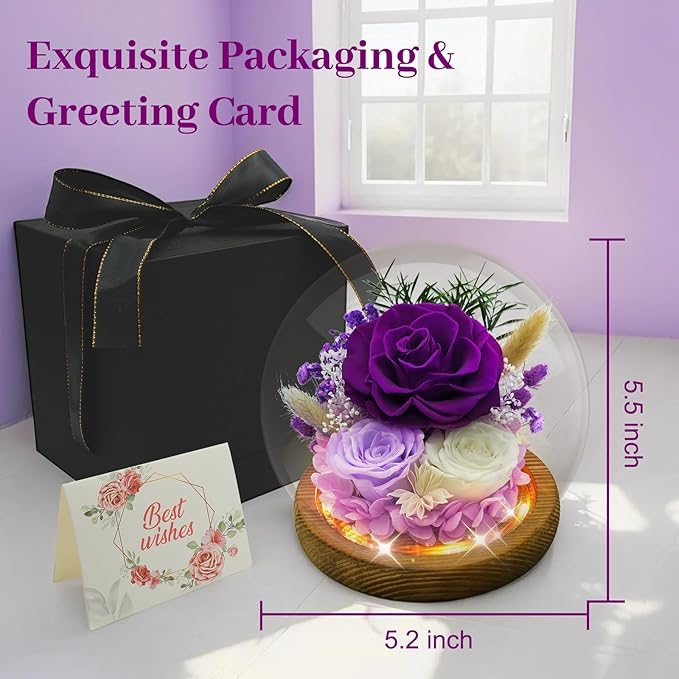 Birthday Gifts for Mom Forever Flowers for Delivery Prime Preserved Rose in Glass Dome Long-Lasting Eternal Rose Gifts for Her Women Grandma Wife on Christmas Anniversary Purple Flowers