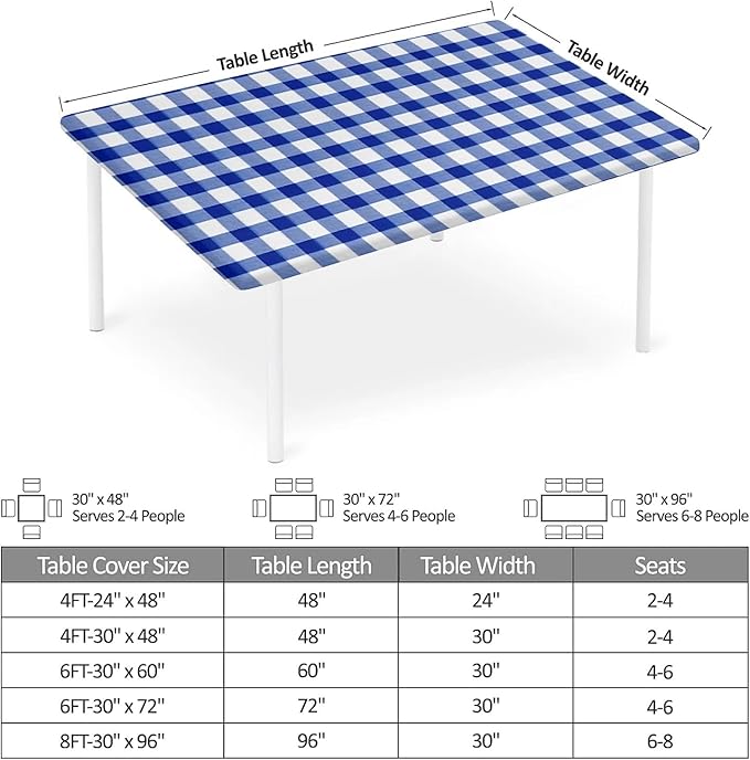 Rectangle Table Cloth Cover Waterproof Elastic Fitted Polyester Fitted Tablecloths for 8 Foot Tables for Indoor,Picnic, Camping, Outdoor （96" x 30"，Blue Grid）