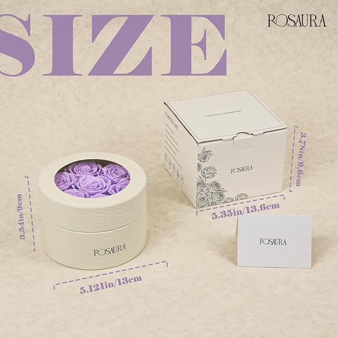 Rosaura Round Preserved Roses Gift Box - Real Forever Flowers for Birthday, Valentine's & Mother's Day (Light Purple, 7 Roses)