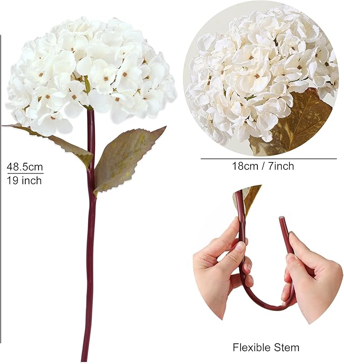 White Dried Hydrangea Flowers Artificial, Faux Fall Floral Stems for Home Decor, Wedding, Vase Fillers (White)
