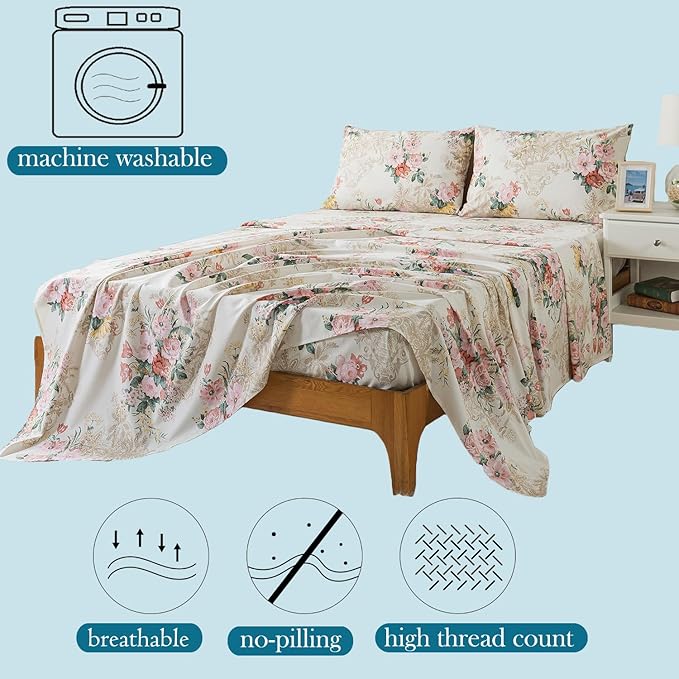 Zusbest King Floral Bed Sheets, Soft 100% Cotton Pink & Cream Sheets Set, Shabby Vintage Chic Peony Flower Printed Paisley Bed Set, Breathable Luxury Bedding 4 Piece Deep Pocket 17.5‘’