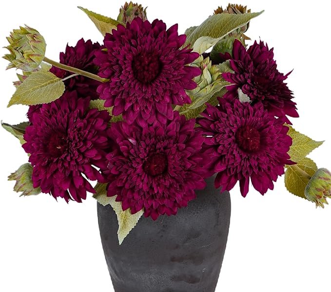Kimura's Cabin 5Pcs Fake Silk Sunflowers Flowers Artificial Sunflower Bouquet Long Stems Faux Chrysanthemum for Wedding Autumn Home Garden Indoor Kitchen Table Decor Festive Decorations（Drak Purple）