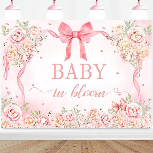 InMemory Pink Floral Baby Shower Backdrop for Girls Coquette Bow Flowers Love Hearts Gender Reveal It's a Girl Newborn Baby in Bloom Sign Banner Party Decorations Background 7x5ft
