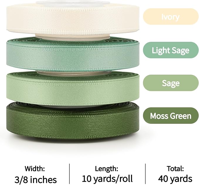 3/8 Inch Green Satin Ribbon, 4 Rolls Total 40 Yards, Double Faced Mixed Green Thin Ribbon for Gift Wrapping, Flower Bouquets, Crafts, Wedding Christmas Decorations