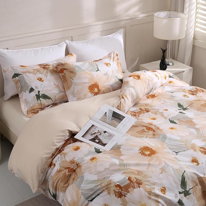 LONAVA Queen Flower 3 Pcs Duvet Cover Set, Breathable Soft Microfiber Biege Lining Comforter Cover with Zipper Closure, and 2 Anti-Pilling, Fade Resistant Pillowcases, Golden Flower