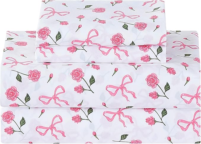 Softan Pink Floral Twin Bed Sheets, Cozy Microfiber Flower Printed Sheets with 15" Deep Pocket Fitted Sheet & Non-Slip Straps, Patterned Pink Rose - Bow Sheets & Pillowcase Set
