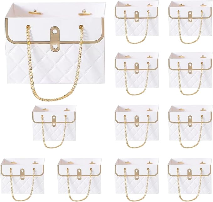 LONG XIN SERIES 12pcs White Elegant Gift Boxes with Metal Chain Present Craft Paper Boxes Portable Flower Bags Rectangular Gift Bags Purse Bag Party Favor for Gift Package (White)