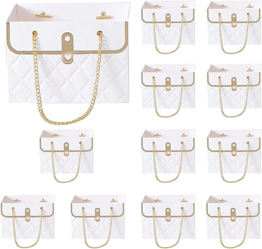 LONG XIN SERIES 12pcs White Elegant Gift Boxes with Metal Chain Present Craft Paper Boxes Portable Flower Bags Rectangular Gift Bags Purse Bag Party Favor for Gift Package (White)