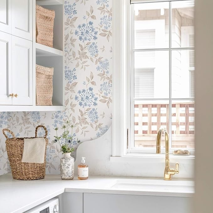 Heroad Boho Floral Wallpaper Blue/Beige Peel and Stick Wallpaper Neutral Leaf Contact Paper Removable Self Adhesive Wall Paper for Cabinet Bedroom Bathroom Waterproof Decor Vinyl Roll 17.3''x78.7''