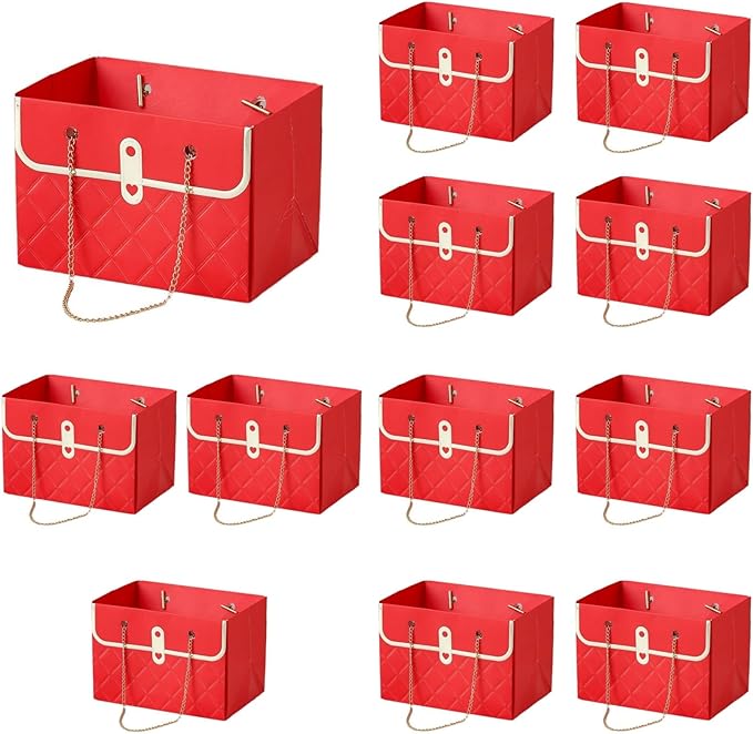 LONG XIN SERIES 12pcs Red Paper Flower Bags with Gold Metal Chain Reusable Craft Paper Gift Boxe Portable Flower Rectangular Gift Bags Party Favor for Gift Package (Red)