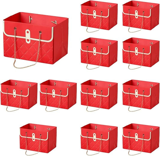 LONG XIN SERIES 12pcs Red Paper Flower Bags with Gold Metal Chain Reusable Craft Paper Gift Boxe Portable Flower Rectangular Gift Bags Party Favor for Gift Package (Red)