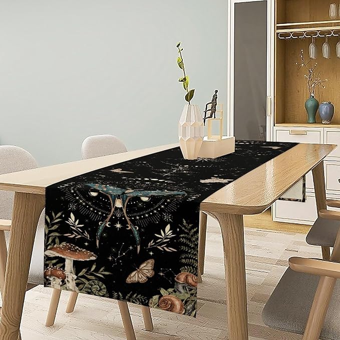 Gothic Moth Table Runner, Boho Gothic Sun Moon Phase Mystical Mushroom Floral Witchy Farmhouse Coffee Table Center Decor for Home Kitchen Dining Patio Holiday Party Table Decorations 13x72 inches