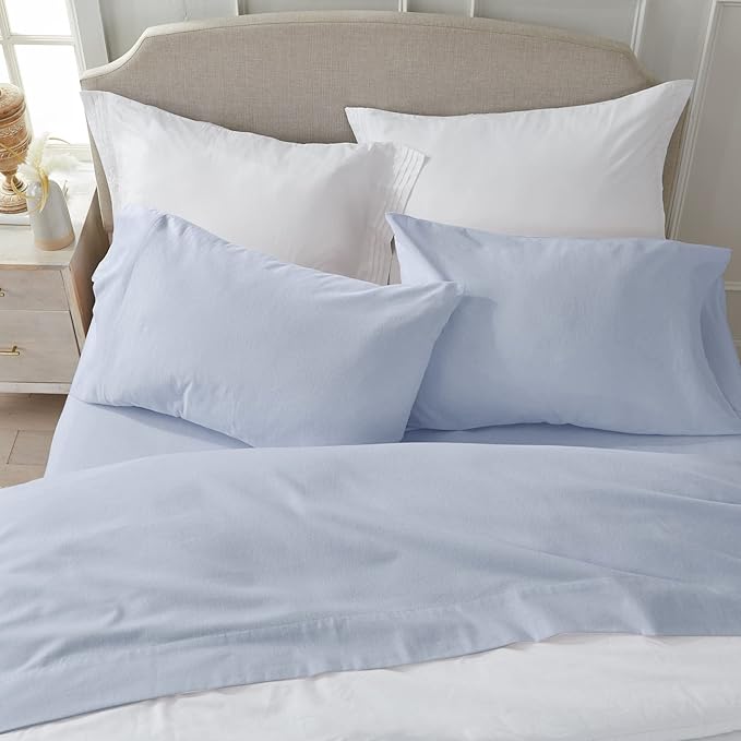 Market & Place 100% Turkish Cotton Flannel Sheet Set | 4 Piece Deep Pocket Solid Cozy Winter Bed Sheets | Double Brushed for Extra Softness & Comfort | Chalet Collection (King, Light Blue)