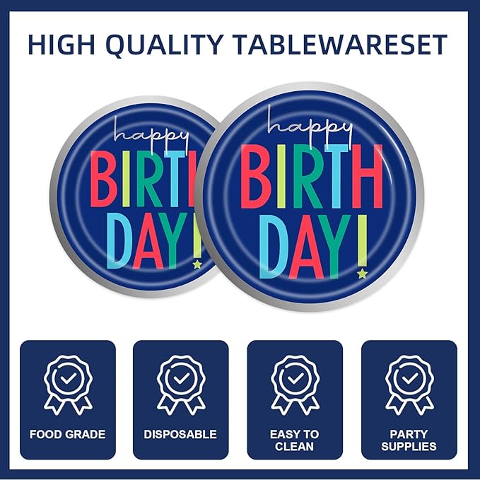 141pcs Dark Blue Happy Birthday Decoration Dark Blue Birthday Decorations Plates Napkins Forks Knives Straws Tablecloth Cups for Men Women Birthday Party Supplies,Suitable for 20 Guests