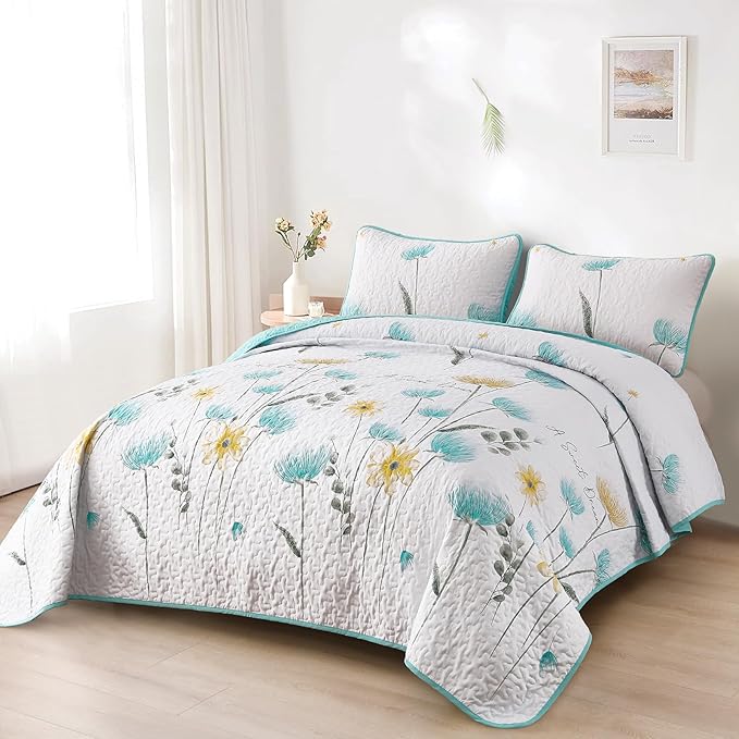 Dinjoy Quilt Set Full Size Aqua, Floral Bedspreads 3 Pieces Reversible Quilts Bedding Set Microfiber Lightweight Bedspread Coverlet Farmhouse Set for Women Girls 78"x90"